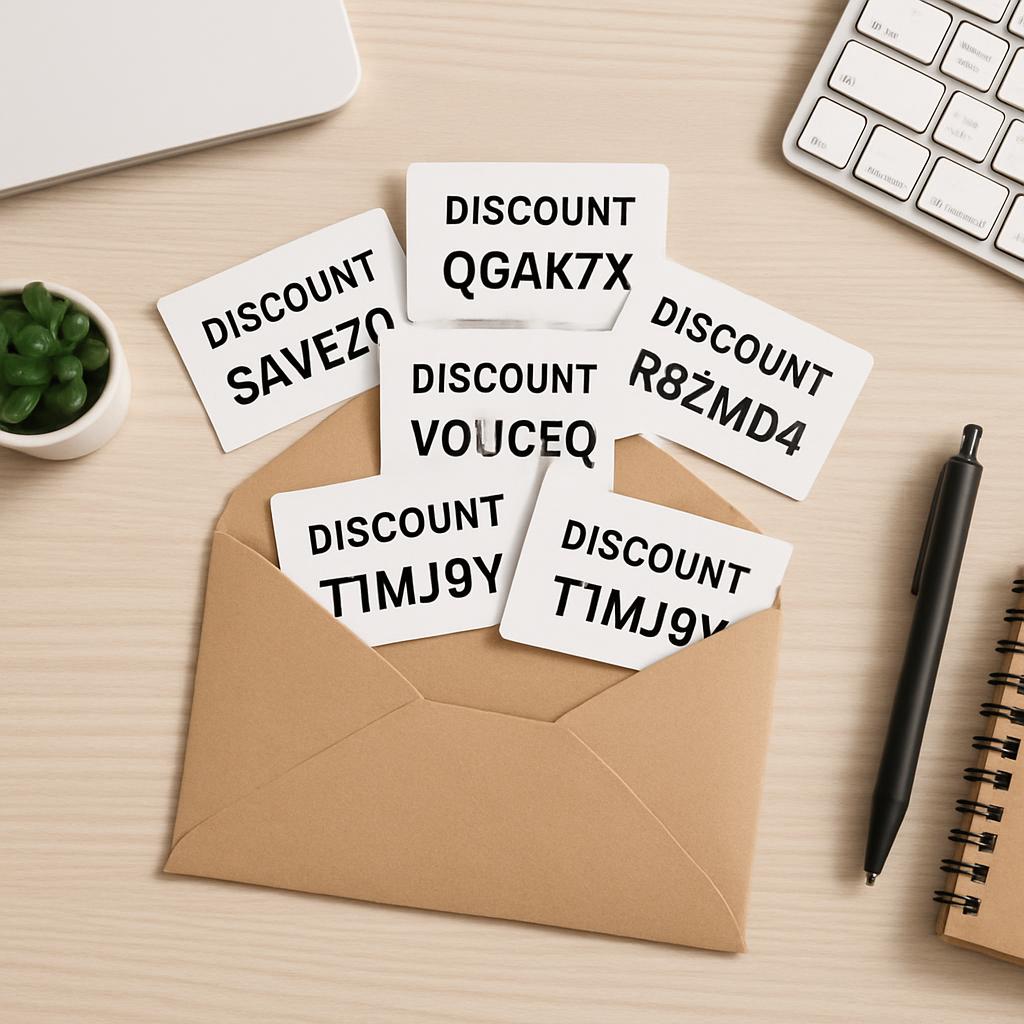 Envelope with discount cards, keyboard and pen on a desk.