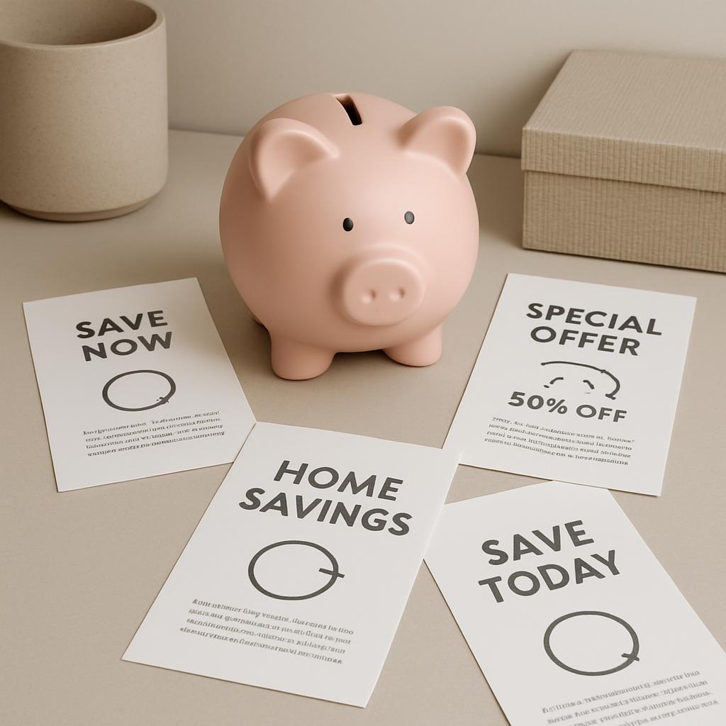 Multiple cards surrounding piggy bank. Dove greyscale color palette. Seasonal holiday: none. Colors: White/Beige/Grey. Tra...